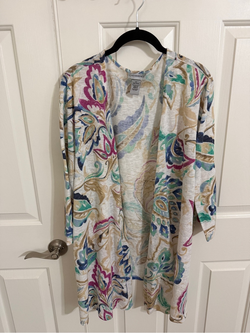 Catherines 3X 26/28W Cream Multicolor Floral Paisley Open Front Duster Cardigan